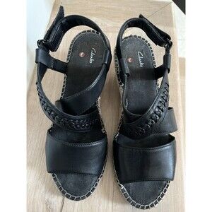 Clarks Womens Petrina Bay Wedge Leather Sandal Size 8M Black Everyday Casual Y2K